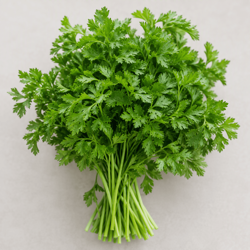 A fresh bunch of parsley with thin pale-green stems and dense clusters of small, deeply serrated, feathery bright-green leaves.