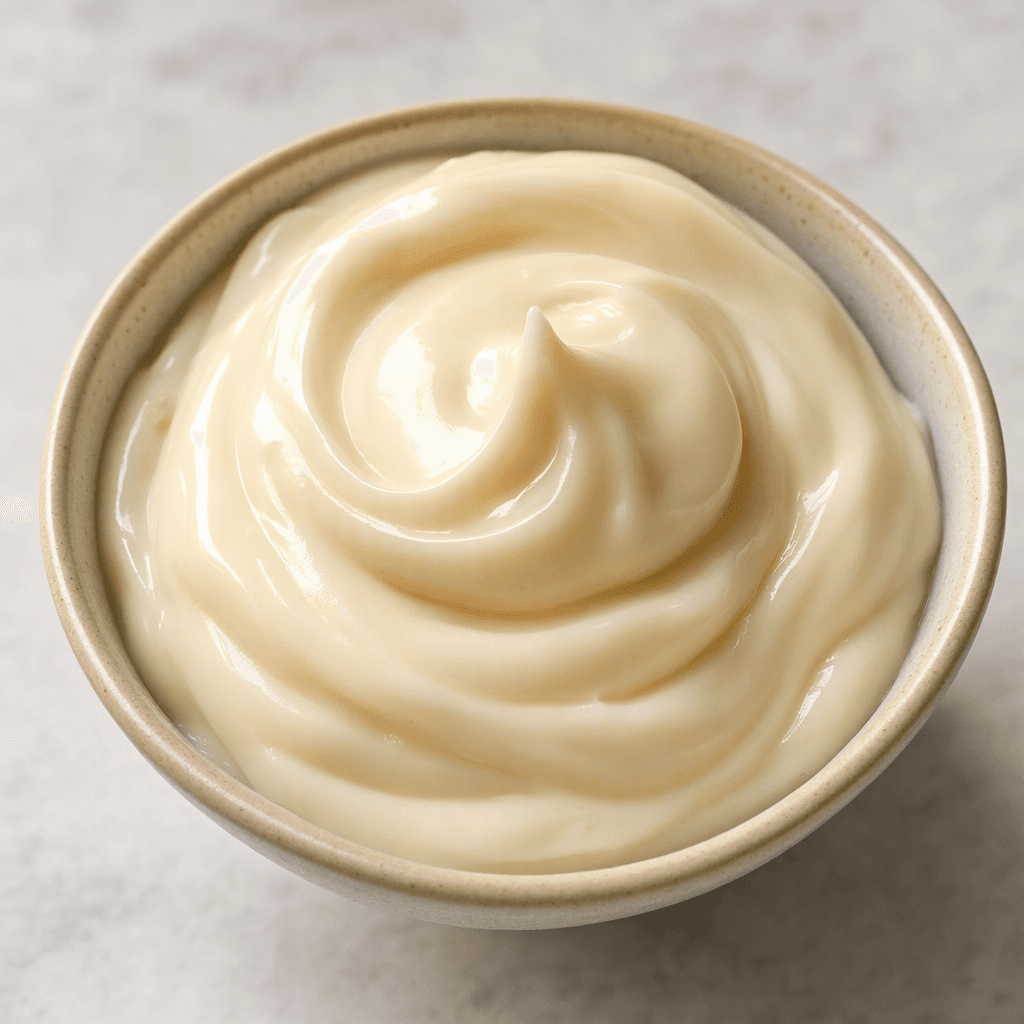 A thick, smooth, pale ivory mayonnaise sits in a small dish, its glossy surface formed into soft swirls and peaks.