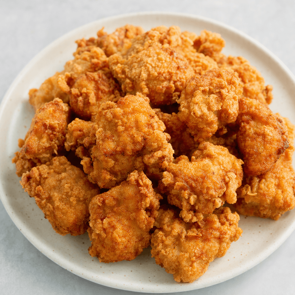Small, irregularly rounded pieces of chicken are covered in a rough, craggy golden-brown coating and served together on a plate.