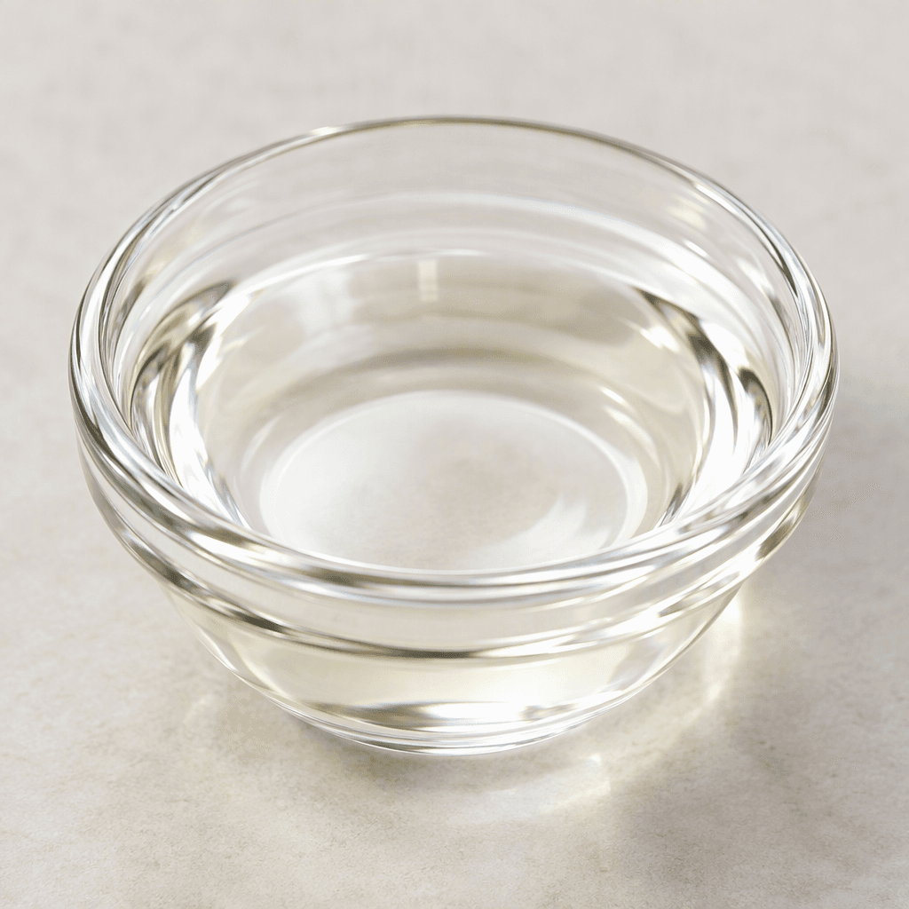 Clear, colourless, glossy oil pooled in a small transparent glass dish, with a smooth reflective surface and thin, fluid edges.