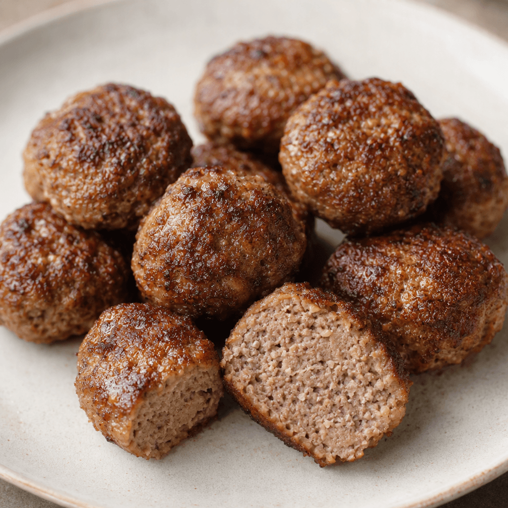 Several small, round to oval meatballs with deeply browned, slightly uneven surfaces are arranged on a plain plate, with their dense, finely textured interiors visible where one is cut open.