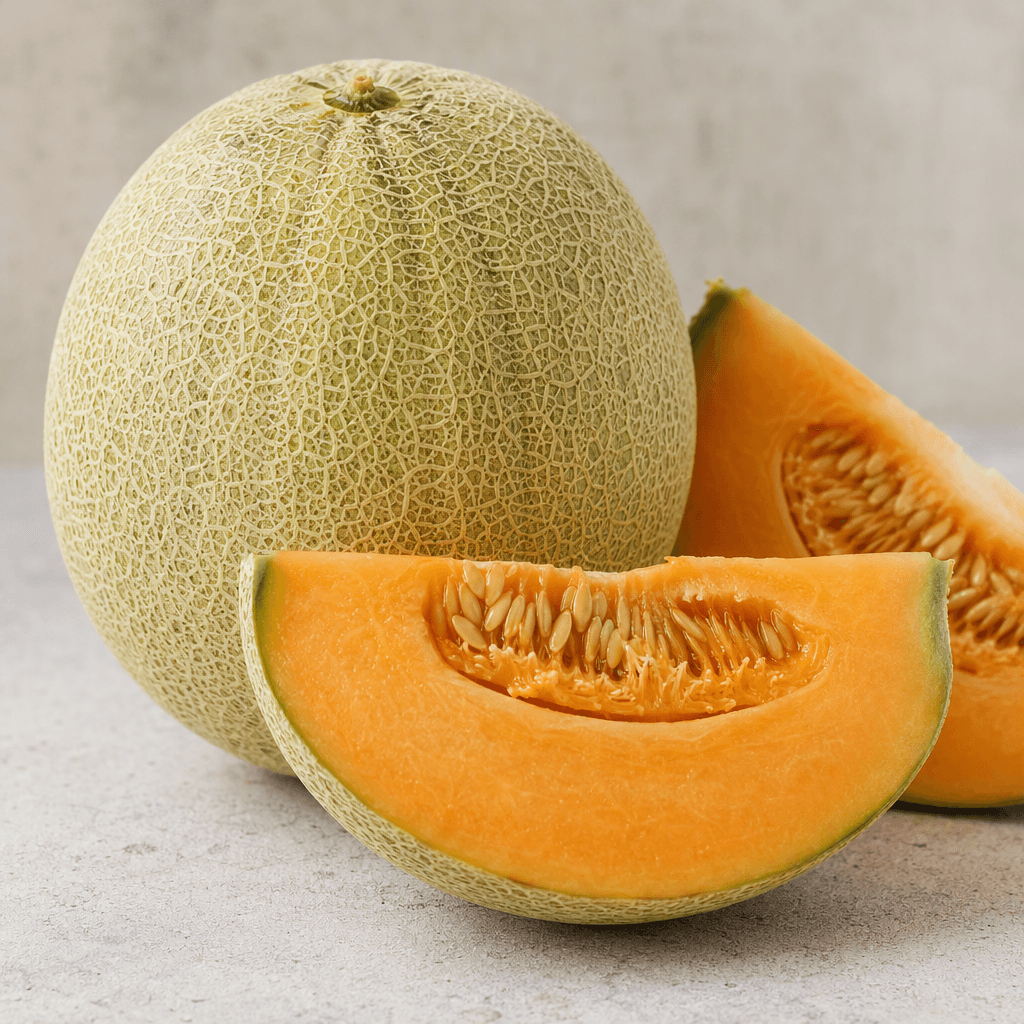 A round melon with a pale green to yellow, lightly netted rind, shown whole beside thick wedges revealing juicy, softly textured light-orange flesh and a central cavity filled with seeds.