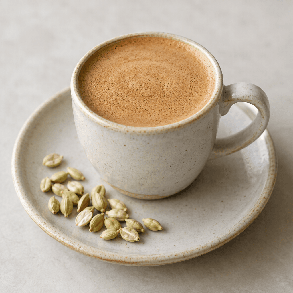 A small cup of thick, opaque coffee with a muted beige-brown colour and a smooth, fine foam covering the surface, served with a few pale green mastic tree seeds scattered beside it on a saucer.