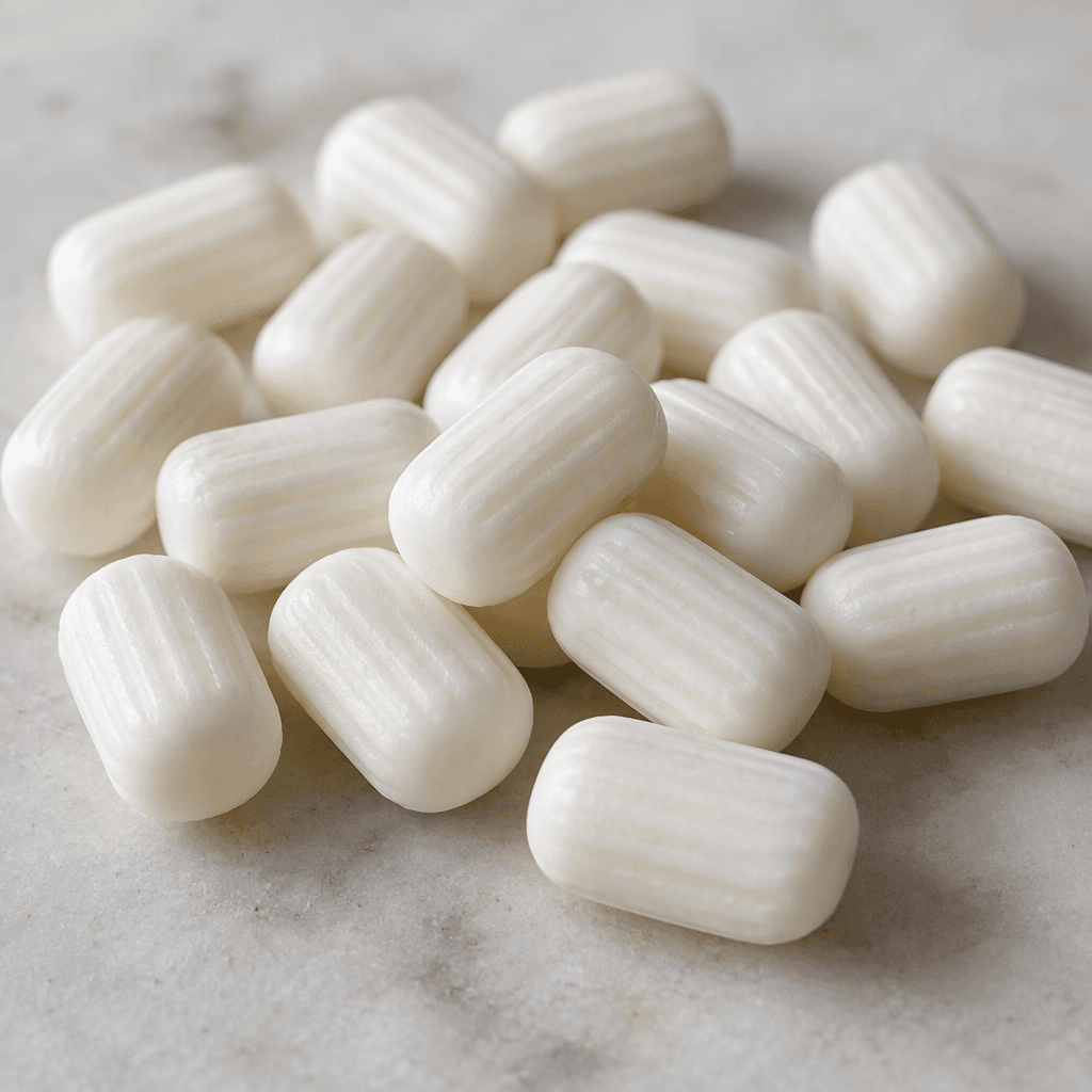 Small, white, smooth, cylindrical candies with rounded ends and subtly ridged sides are scattered on a plain surface.