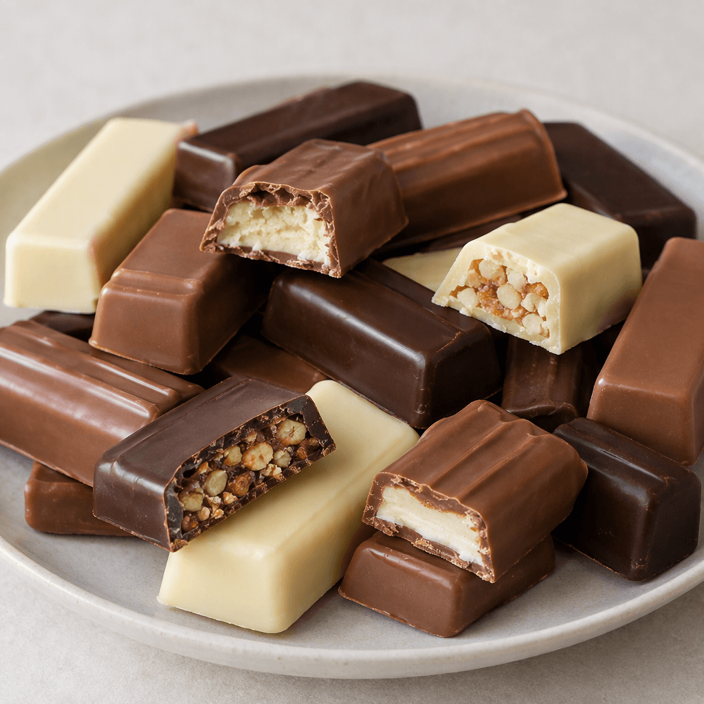 An assortment of slim, rectangular chocolate pieces in milk, dark and white chocolate, some with smooth glossy surfaces and others split open to reveal pale creamy or nutty fillings, arranged closely on a plate.