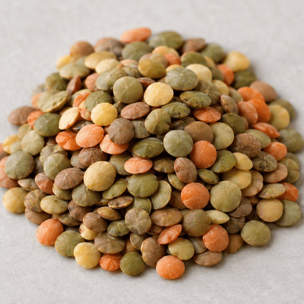 Small, flat, lens-shaped lentil seeds are shown in a loose pile, with earthy green, brown, orange-red and pale yellow colours and smooth, slightly matte surfaces.