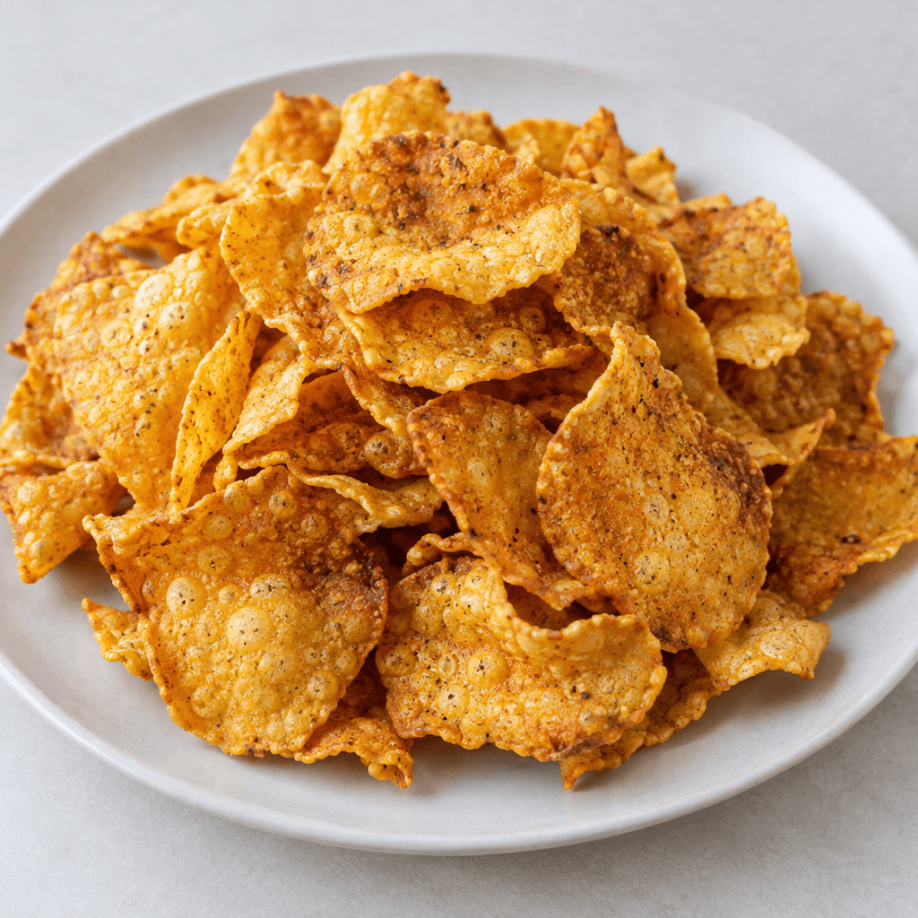 A pile of thin, crisp, irregularly shaped lentil chips in warm golden-yellow to orange-brown tones, with lightly bubbled surfaces and scattered darker toasted spots, served loosely on a plain plate.