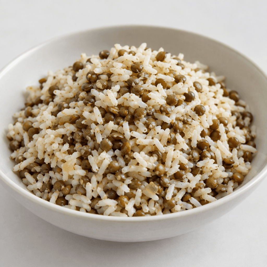 A mound of fluffy rice mixed with small brown-green lentils, the separate grains and lentils visible across the surface, served on a plain plate or in a shallow bowl.