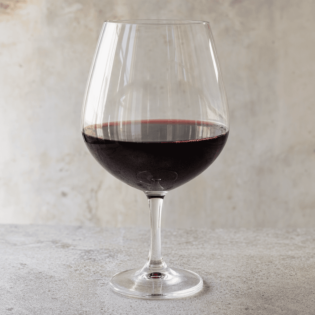 A glass of Merlot wine sits in a clear stemmed glass, its deep ruby-red liquid translucent at the edges with glossy highlights.