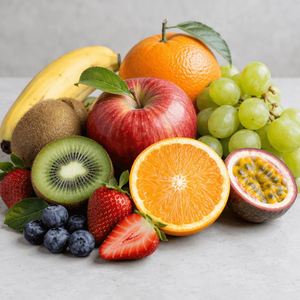 A colorful assortment of whole and halved fruits with smooth, dimpled, fuzzy, or textured skins, juicy flesh, visible seeds, and leafy stems arranged together on a clean surface.