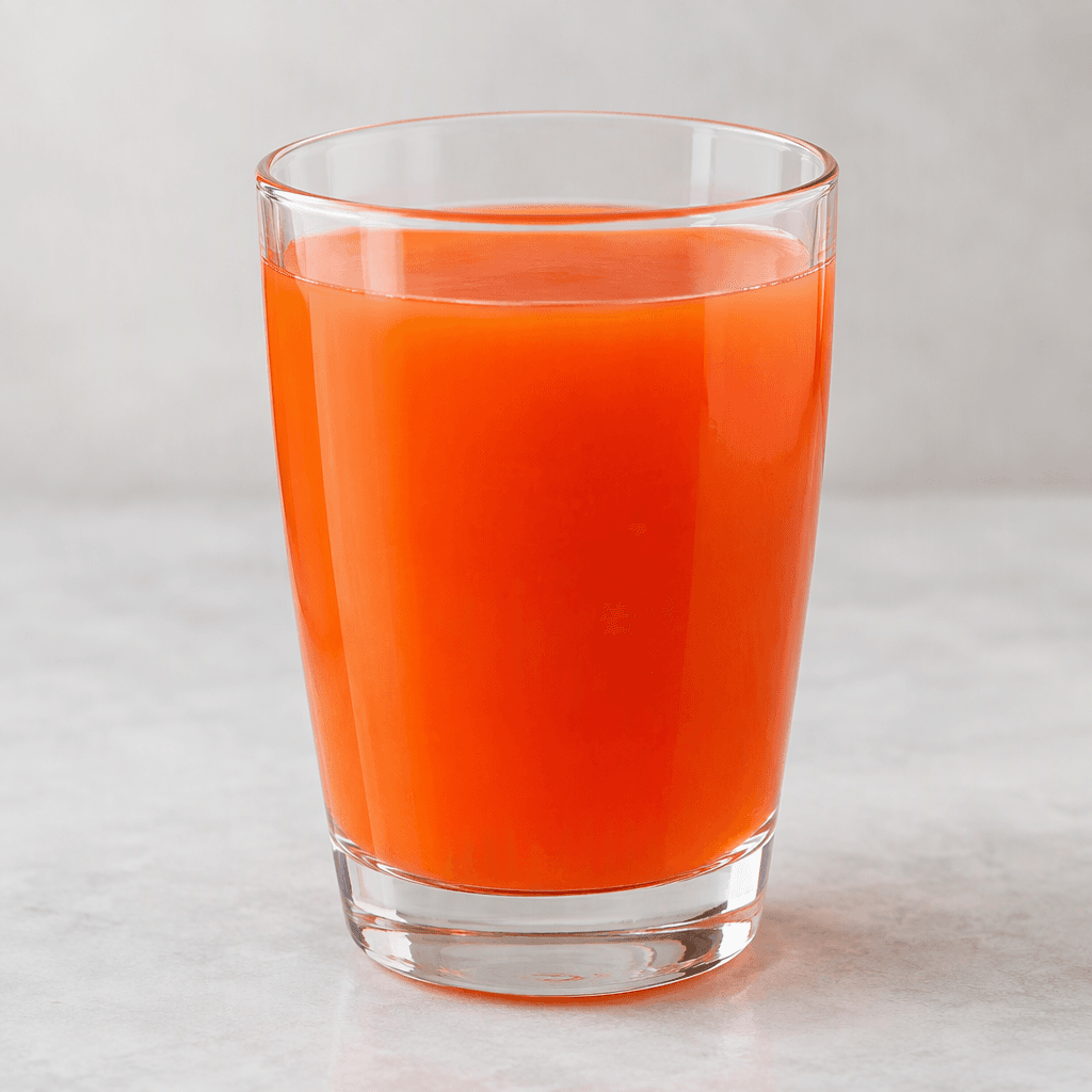 A translucent fruit drink in a clear glass, showing a bright orange-red colour and a smooth liquid surface.