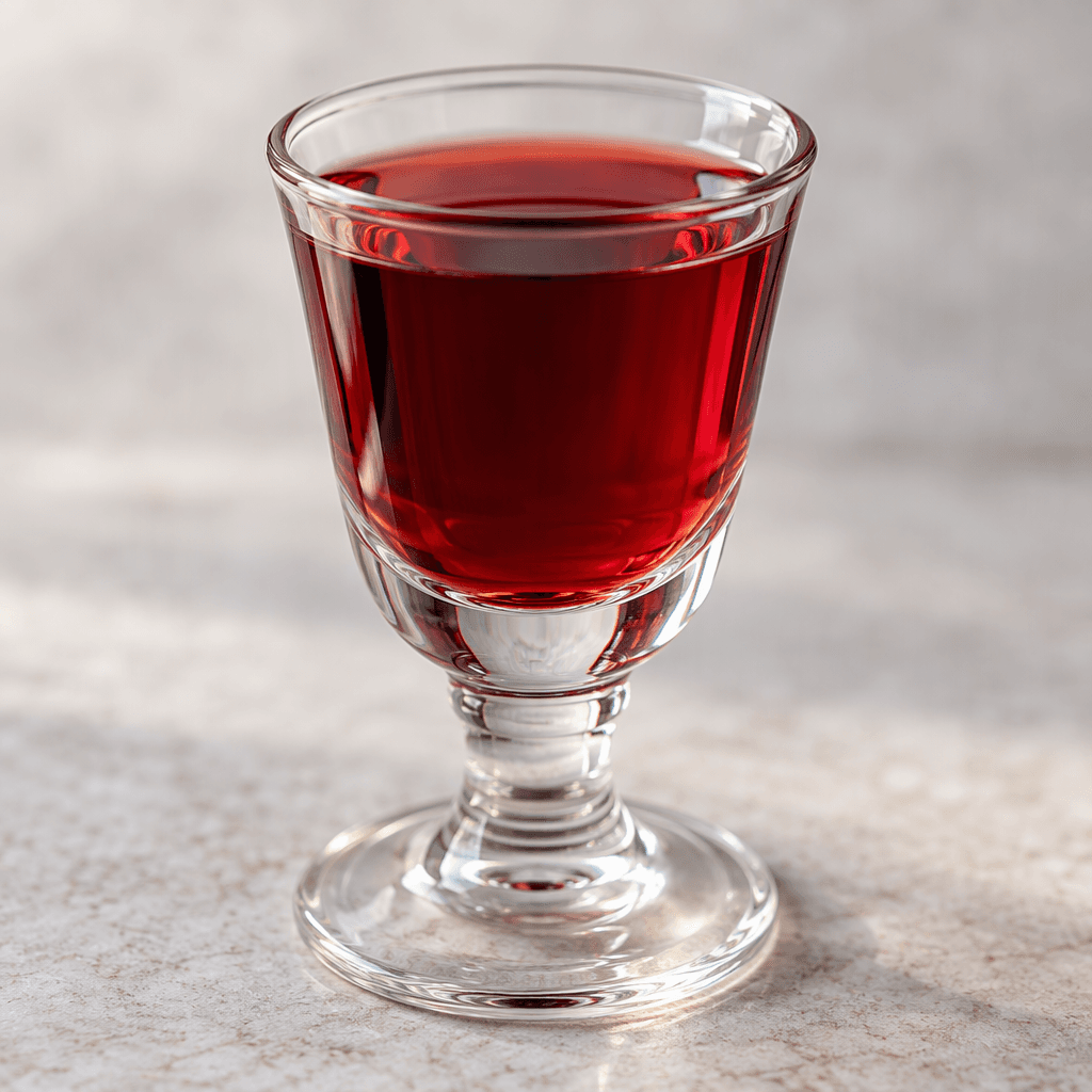 A small clear glass holds a translucent, richly colored fruit liqueur, with glossy highlights and a smooth, still surface.