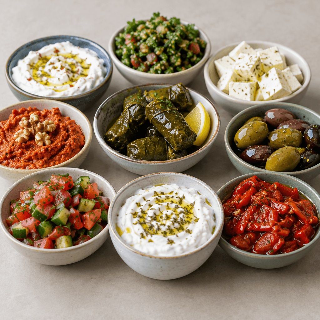 An assortment of small Turkish appetisers arranged in separate shallow dishes, including creamy white spreads, chopped vegetables and herbs, red pepper mixtures, glossy green leaves, and pieces of cheese, with varied smooth, chunky, and leafy textures.