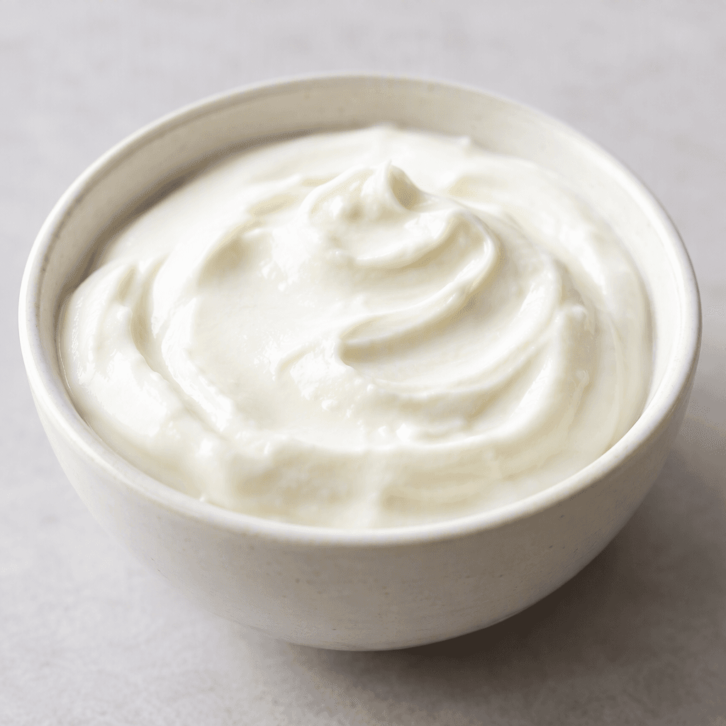 A smooth, opaque white dairy product with a soft, creamy appearance.