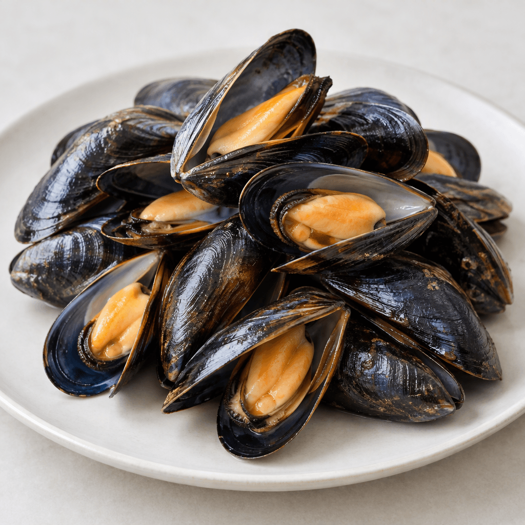 A small pile of mussels with elongated, glossy blue-black shells, fine ridges, and a few open shells revealing plump orange-beige flesh, arranged on a plain plate.