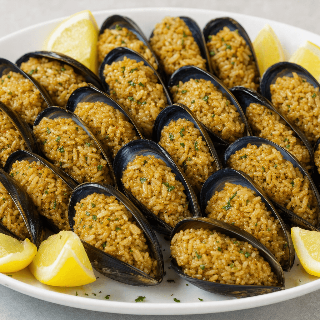 Dark, glossy mussel shells are opened to reveal compact mounds of golden-brown rice flecked with herbs and spices, arranged in rows on a plate with lemon wedges.