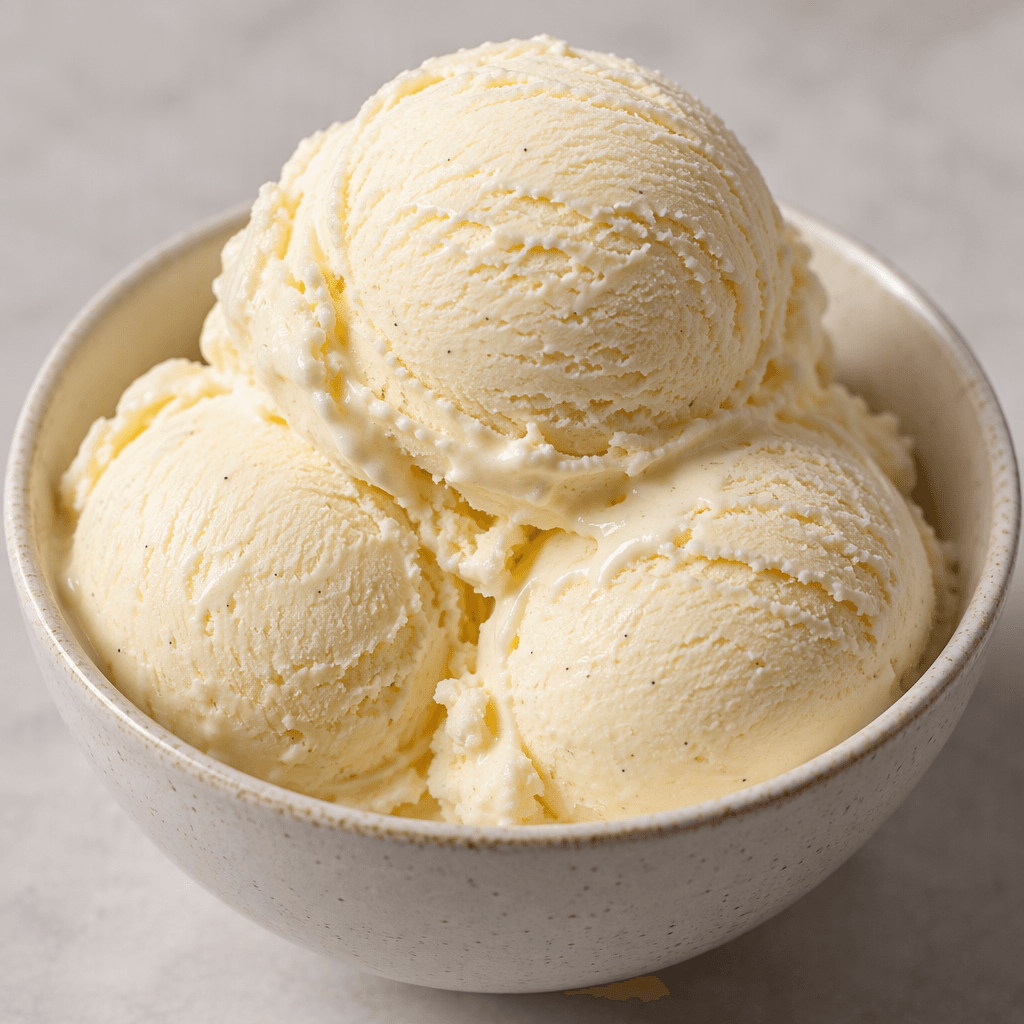 Pale cream-colored ice cream sits in rounded scoops, with a smooth, dense surface and a slight sheen where it is beginning to soften.