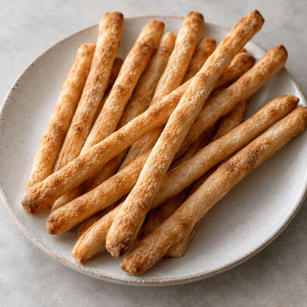 Slender, straight breadsticks with a dry, lightly blistered surface and an even golden-brown color are arranged loosely on a plate.