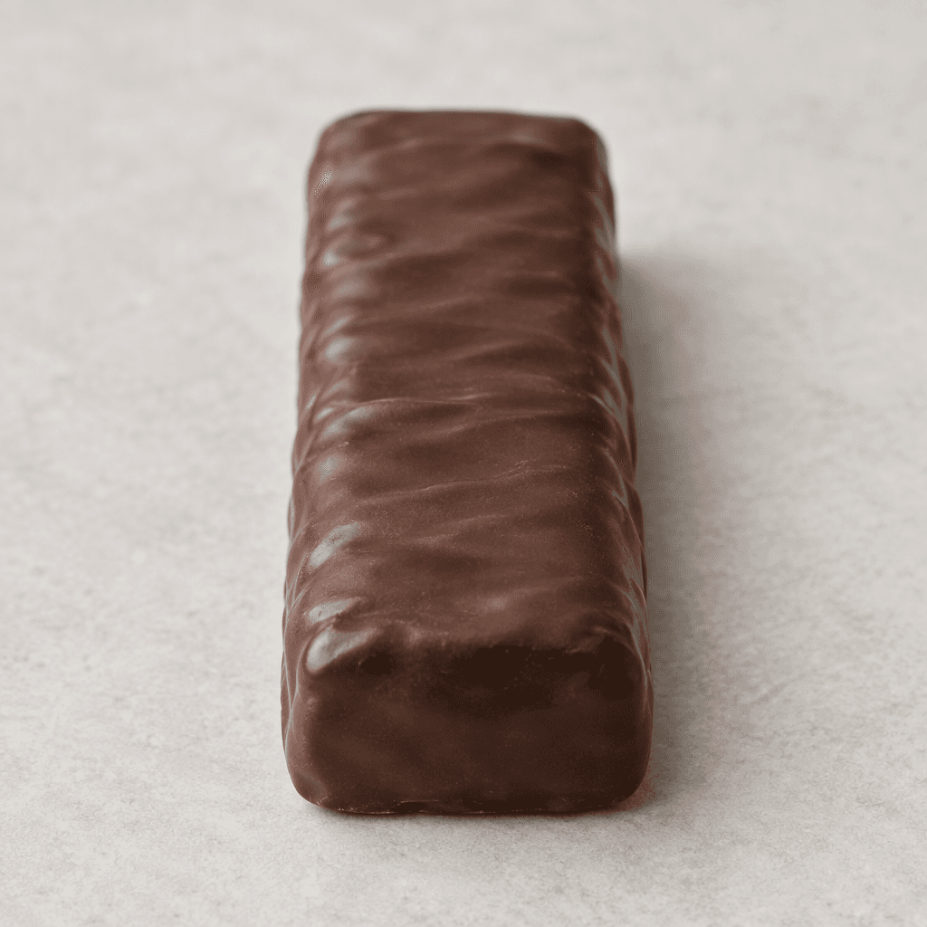 A slim, rectangular dark-brown bar with a smooth chocolate coating and slightly rounded edges.