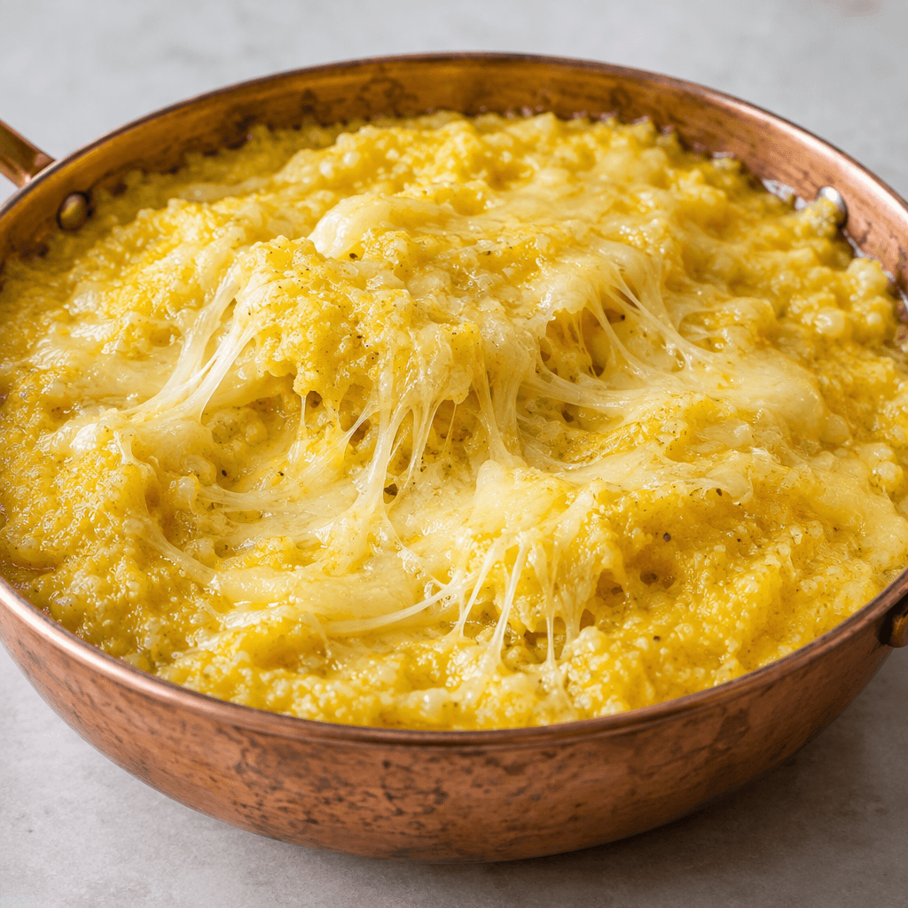 A thick, glossy golden-yellow mixture of fine cornmeal, melted butter and pale straw-yellow semi-hard cheese, with a slightly grainy surface and long soft cheese strands, served bubbling in a shallow round copper pan.