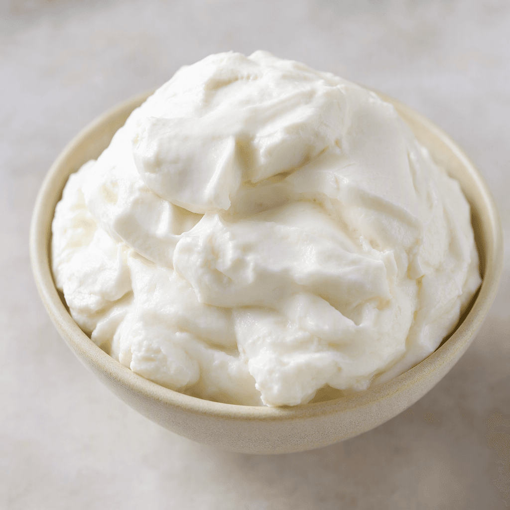 A mound of thick, smooth, bright-white dairy curd sits in a small bowl, with soft folds and a creamy, dense texture.