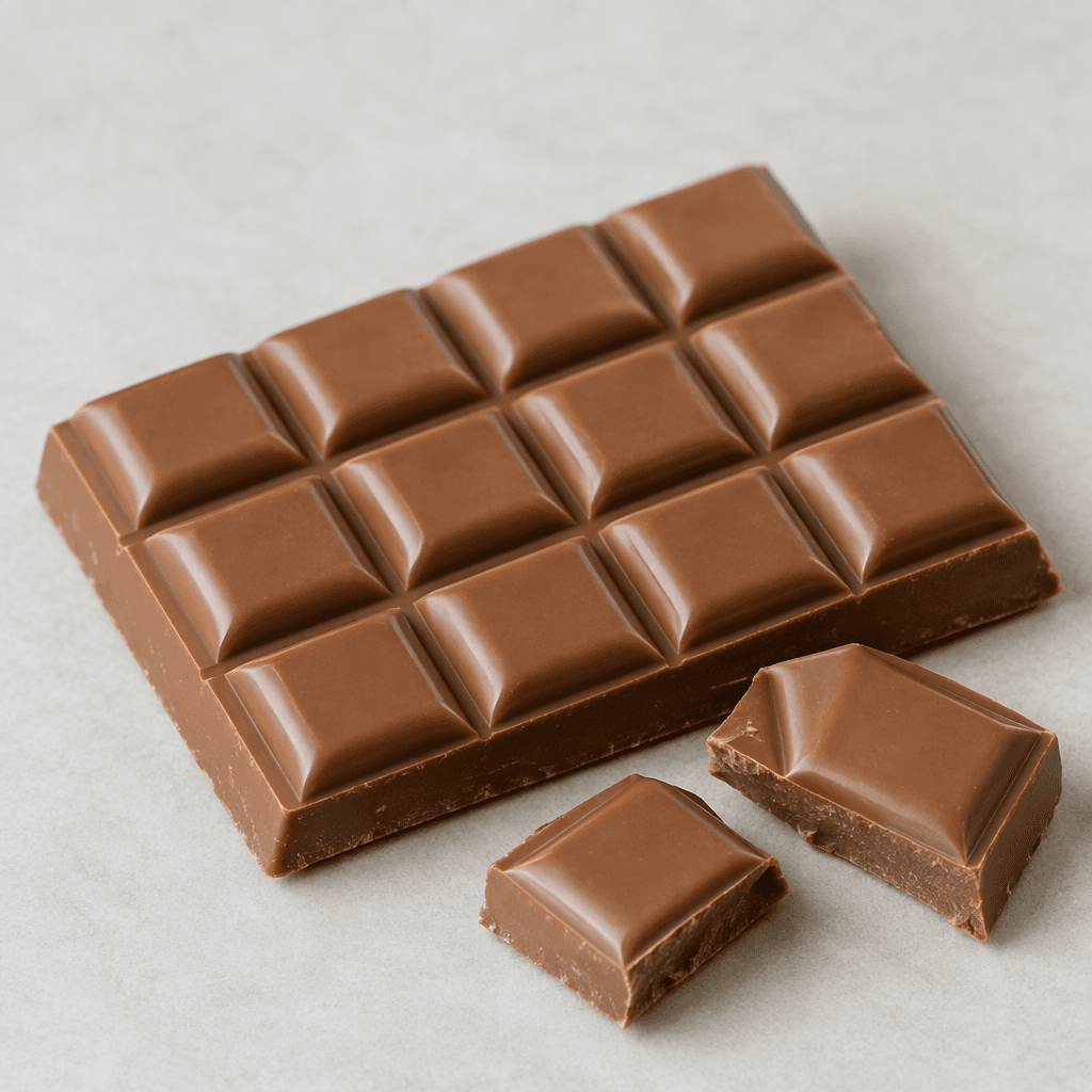 A rectangular bar of smooth, light milk chocolate divided into neat raised square segments with gently rounded edges, shown whole or with a few pieces broken away to reveal a clean, solid interior.
