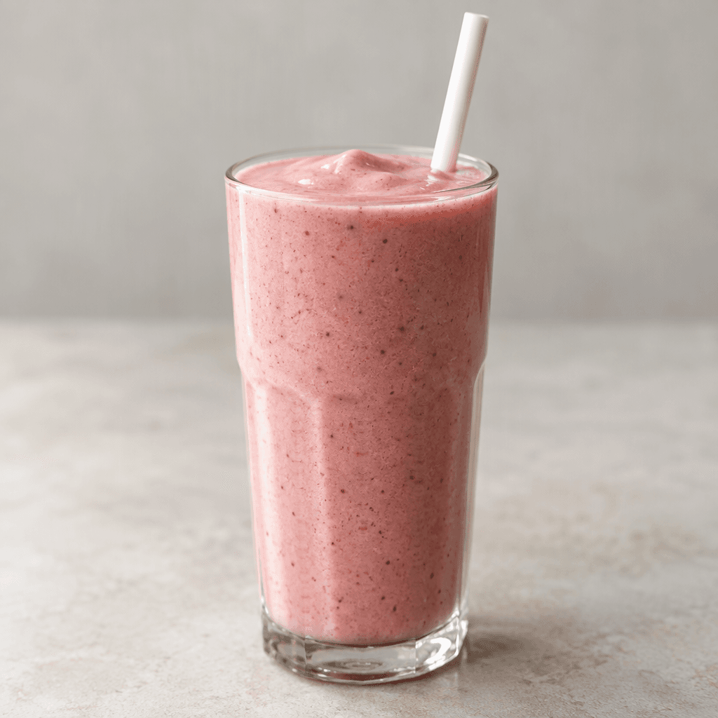 A thick, smooth, creamy drink fills a tall clear glass, with a glossy surface and a white straw rising above it.