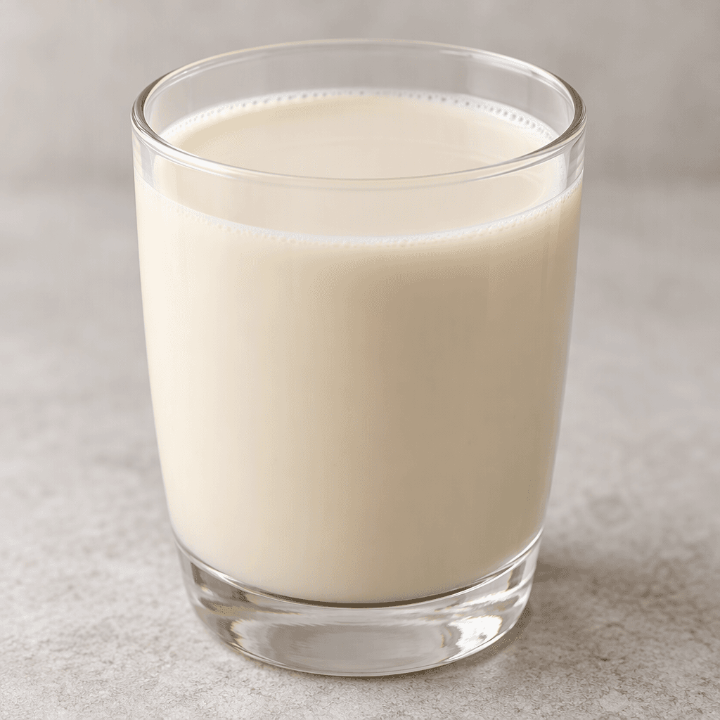 Pale ivory oat milk fills a clear glass, with a smooth, opaque surface and a slight creamy sheen.