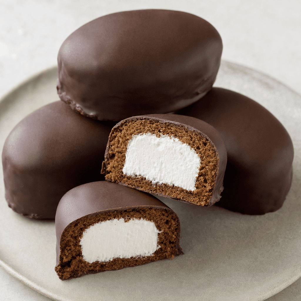 Small oval cakes with a soft brown sponge interior, a thick white marshmallow-like filling, and a smooth dark chocolate coating, shown whole and cut open.