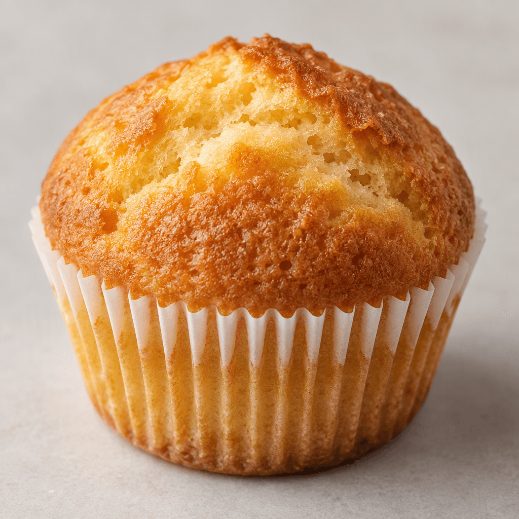 Yivli kâğıt kalıbının içinde, hafif kabarık altın-kahverengi tepesi ve yumuşak dokulu yüzeyi görünen küçük, yuvarlak bir muffin duruyor.