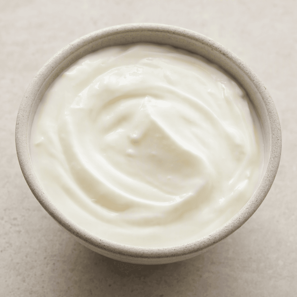 Thick, smooth white yogurt with a slight sheen is served in a small bowl, its surface gently swirled.