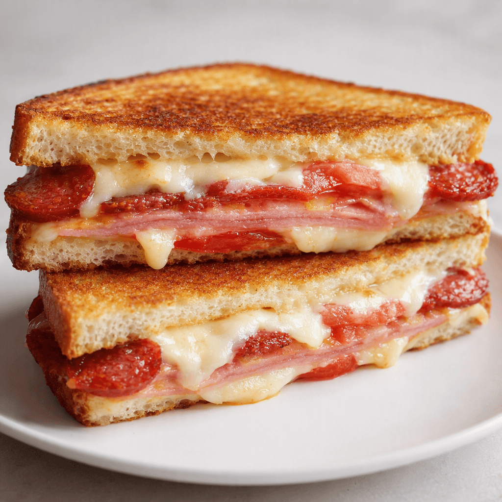 Dışı kızarmış, ikiye kesilmiş dikdörtgen tost ekmeğinin arasında erimiş açık renkli peynir, kırmızı sucuk dilimleri, pembe şarküteri eti ve domates katmanları görülür; sade bir tabakta servis edilir.