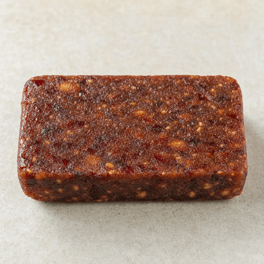 An unwrapped, small rectangular fruit bar with a dense, slightly glossy surface, mottled reddish-brown colour and tiny visible fruit flecks.