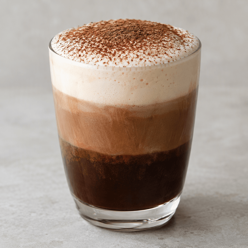 A layered coffee drink in a clear glass, with dark brown coffee beneath a lighter chocolate-brown layer and a thick cap of pale cream foam dusted with fine cocoa powder.