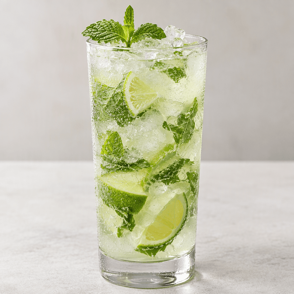 A tall transparent glass holds a pale, clear greenish drink with crushed ice, lime wedges and fresh mint leaves visible throughout, topped with fine bubbles and a thin layer of condensation on the outside.