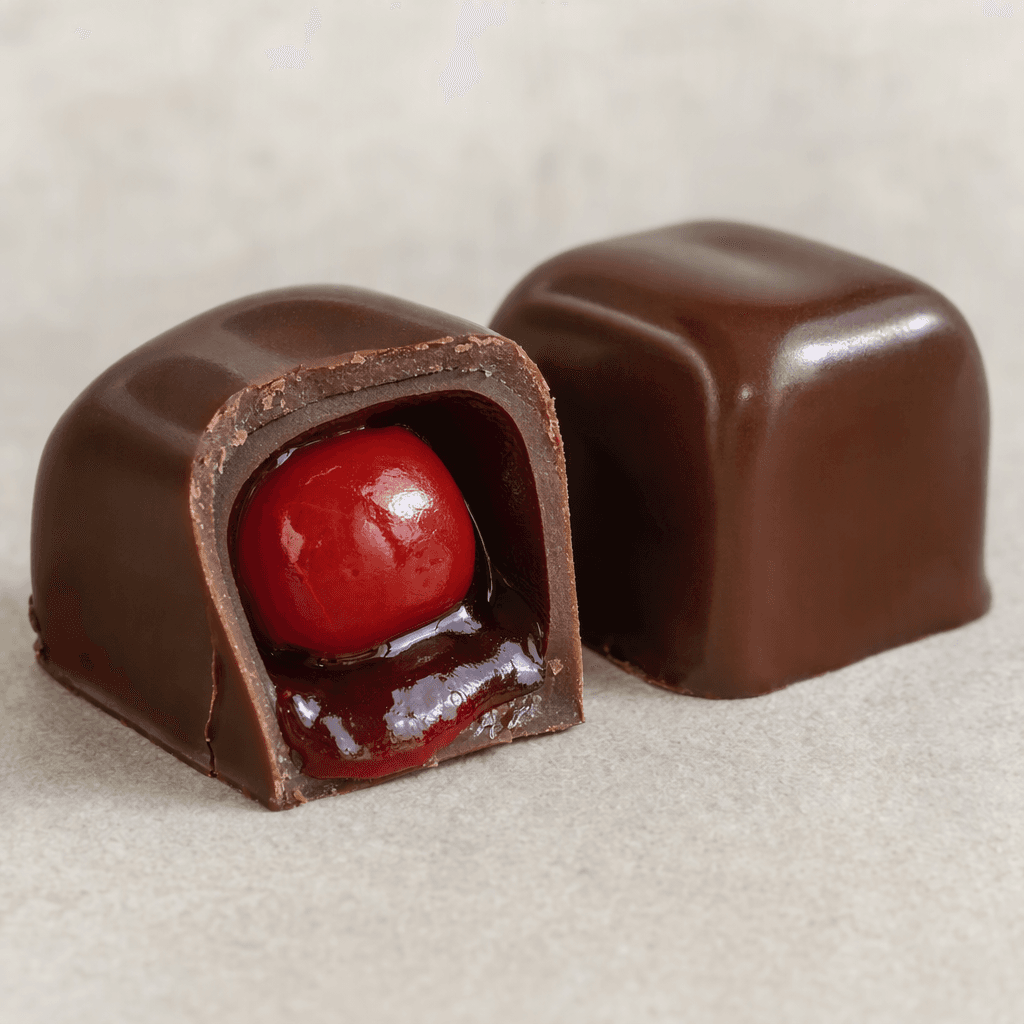 Small, rounded rectangular pieces of glossy dark chocolate, with one whole and one cut open to show a bright red cherry in a dark red, syrupy centre.
