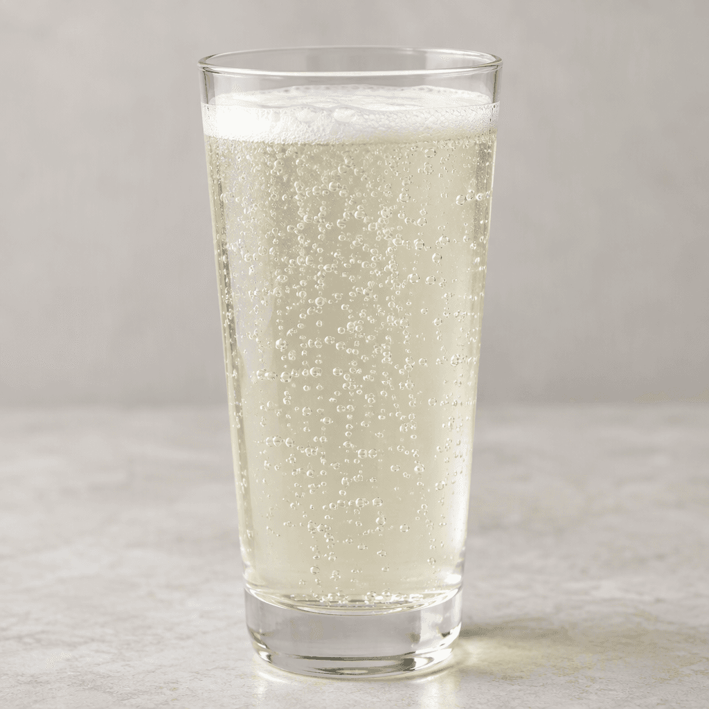 A pale, nearly clear fizzy drink sits in a tall glass, with fine bubbles rising through the liquid and a thin layer of foam at the top.