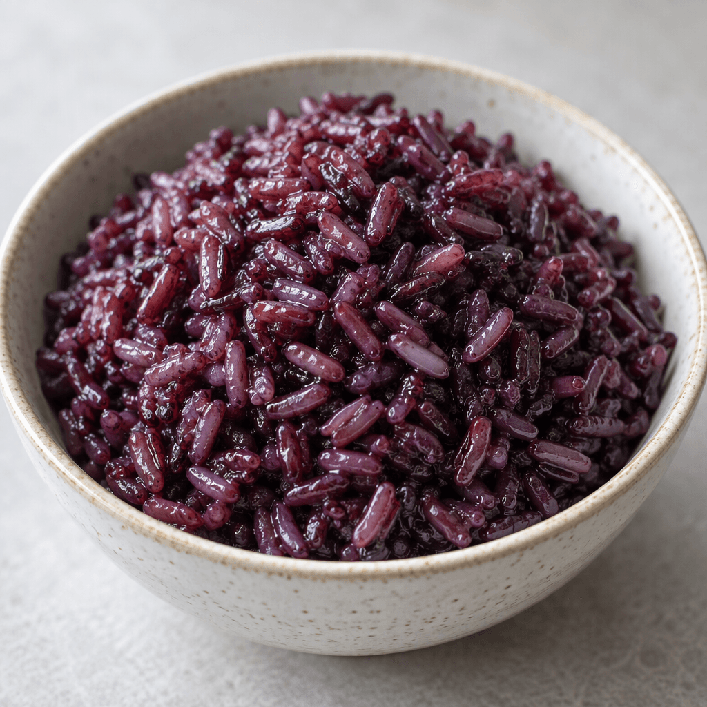 A mound of cooked purple rice with glossy, plump grains ranging from deep violet to reddish purple, served in a simple bowl.
