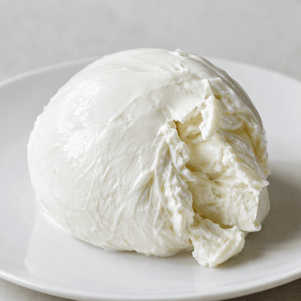 Smooth, glossy white mozzarella formed into a rounded ball, with a soft, moist surface and a few fresh cheese curds visible where it has been torn, served on a plain plate.