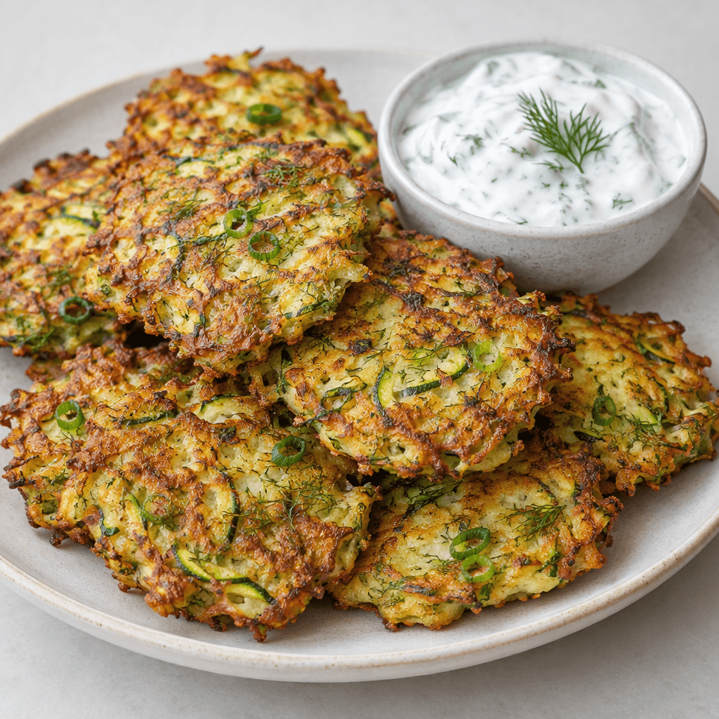 Irregular, palm-sized flattened fritters with crisp, deeply golden-brown edges and surfaces speckled with vivid green zucchini, dill, and scallion, arranged in a loose stack on a serving plate beside a bowl of thick white yogurt sauce.