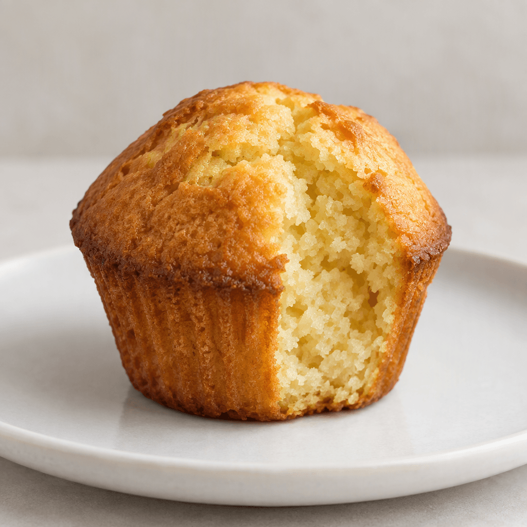A single small, round muffin with a gently domed golden-brown top, slightly darker ridged edges, and a soft pale-yellow crumb visible where it is cut open, served on a plain plate.