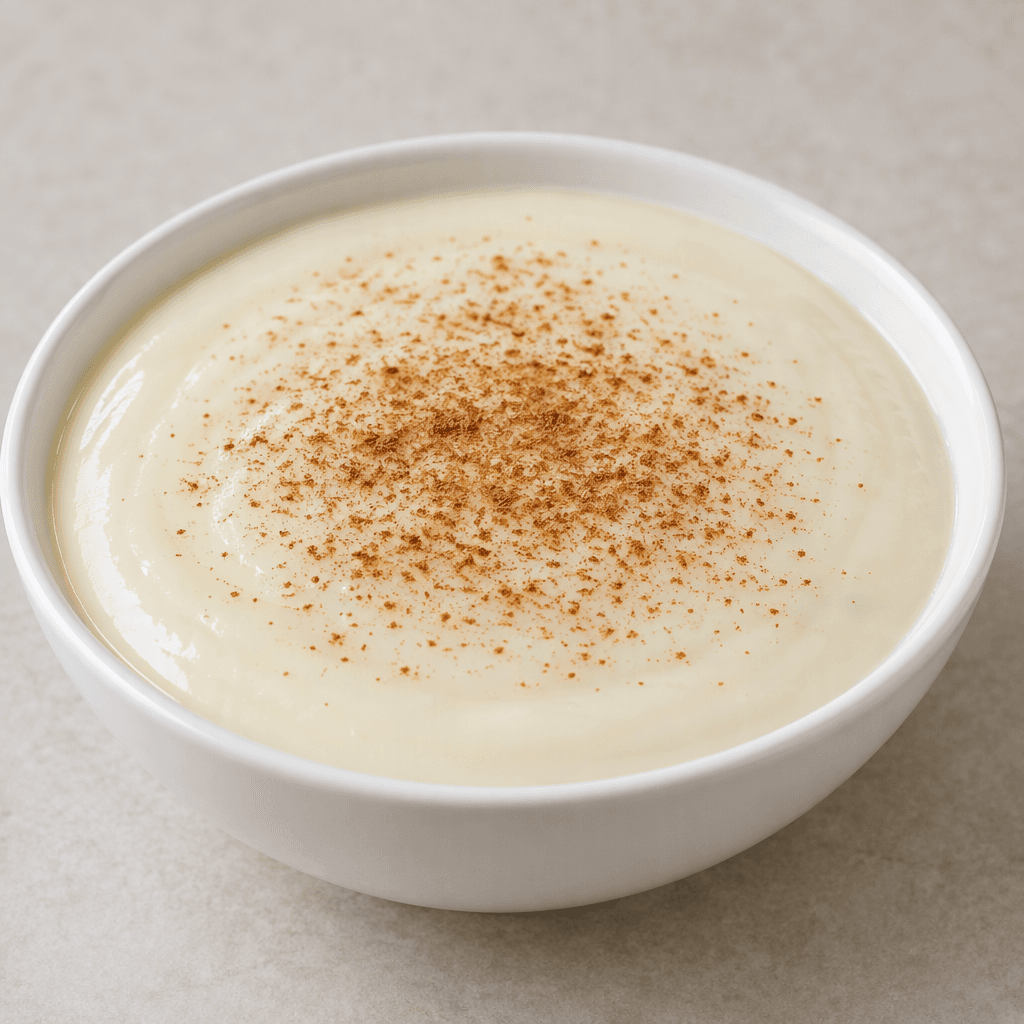 A white, glossy, softly set milk pudding fills a shallow serving bowl, with a smooth surface and a light dusting of ground cinnamon.