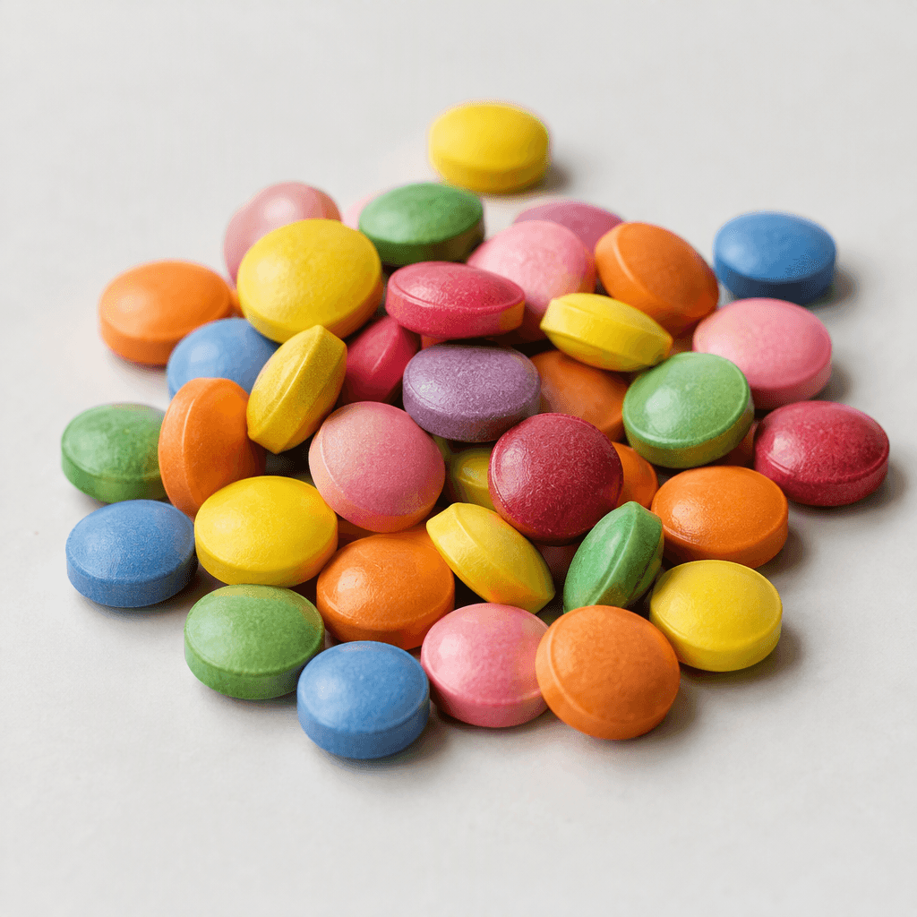 Parlak renklerde, küçük ve pürüzsüz multivitamin tabletleri sade bir yüzeye dağılmış halde duruyor.