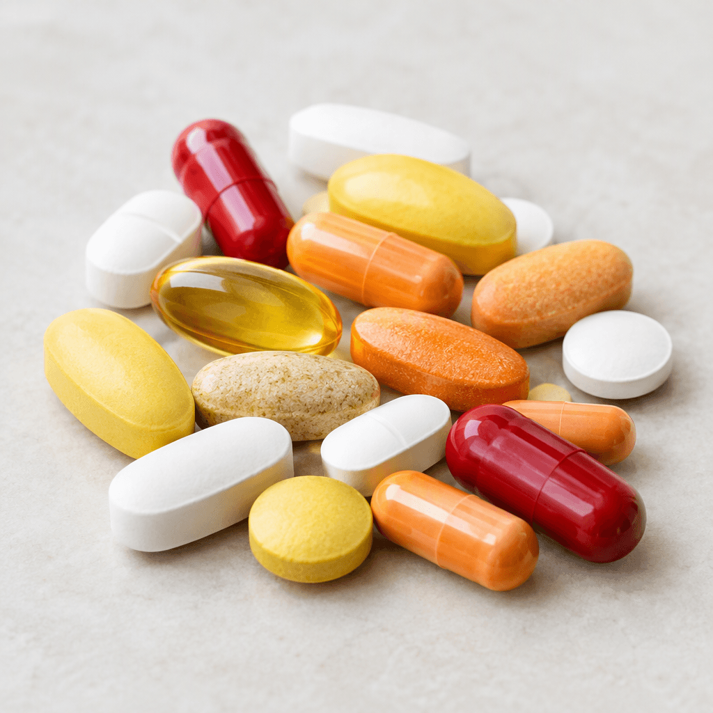 Several smooth multivitamin tablets and capsules in assorted shapes and colours, including white, yellow, orange and red, arranged loosely on a clean neutral surface.