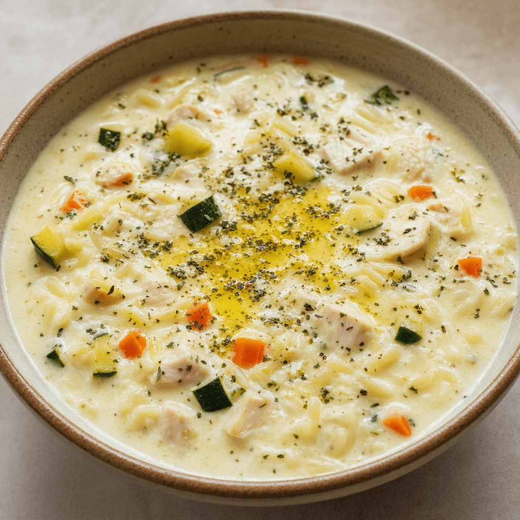 A bowl of creamy ivory soup with small pieces of chicken, diced green zucchini and orange carrot, and short pasta, topped with a little golden butter and green dried mint.