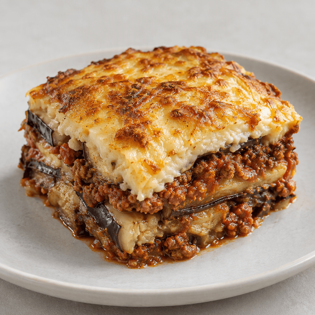 A square portion of layered eggplant casserole sits on a plate, with a golden-brown creamy topping over visible layers of soft eggplant and reddish minced-meat tomato sauce, its cut edges slightly uneven and moist.