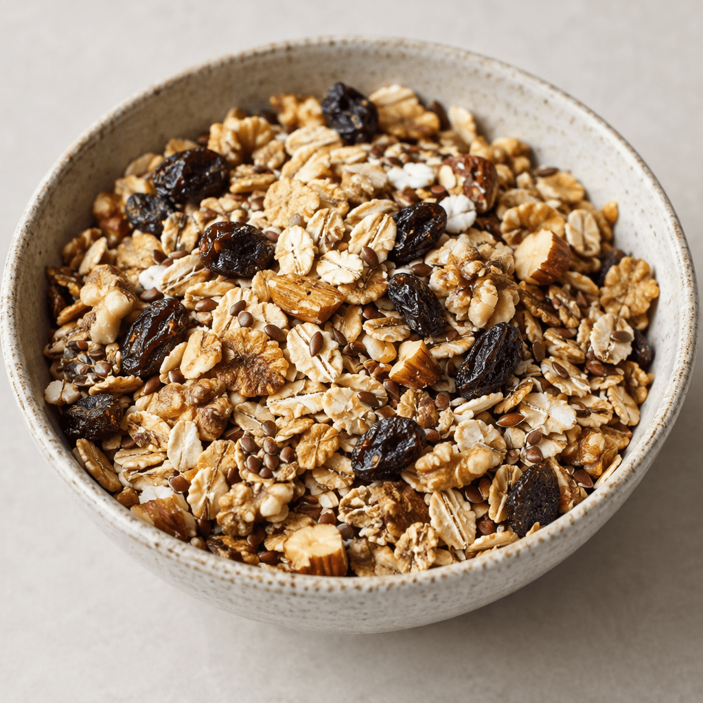 A loose mixture of pale golden rolled oat flakes, toasted wheat or barley flakes, small brown seeds, chopped nuts and scattered dark dried fruit, served in a shallow bowl with an uneven, layered texture.
