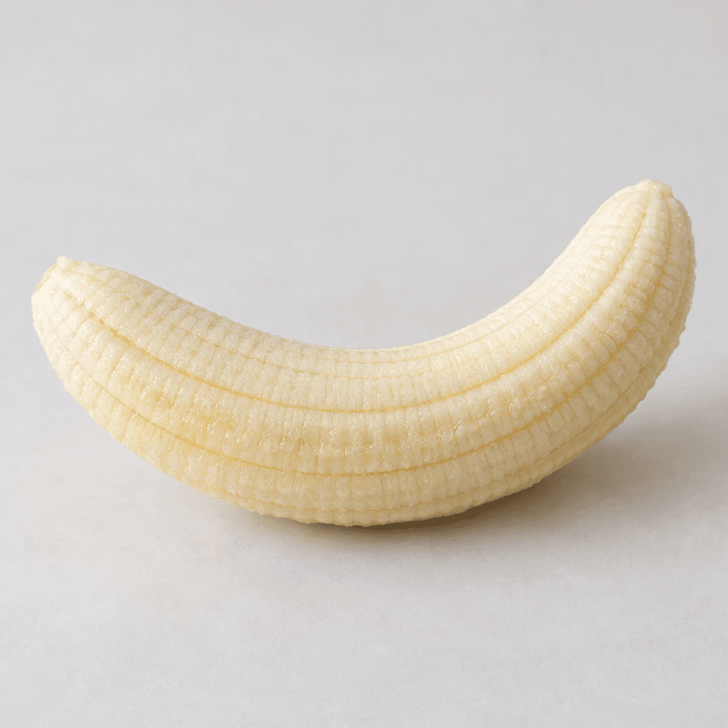 A single peeled banana with pale creamy-yellow flesh, elongated and gently curved, with a smooth, slightly moist surface and three subtle longitudinal ridges, resting on a plain light-colored surface.