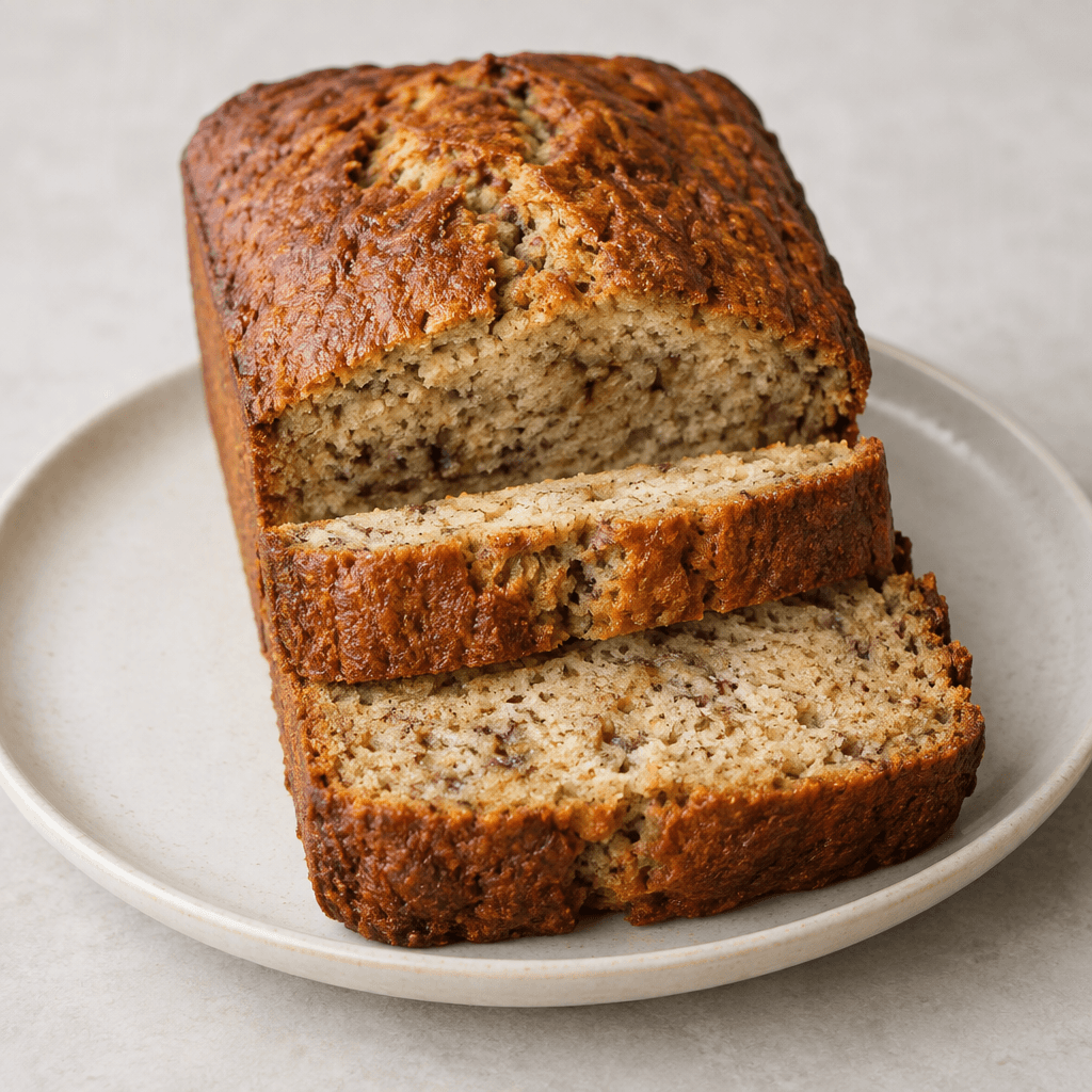 A rectangular loaf with a deeply golden-brown, slightly cracked crust, cut into thick slices showing a moist pale tan crumb with small darker banana-flecked spots, served on a plate.