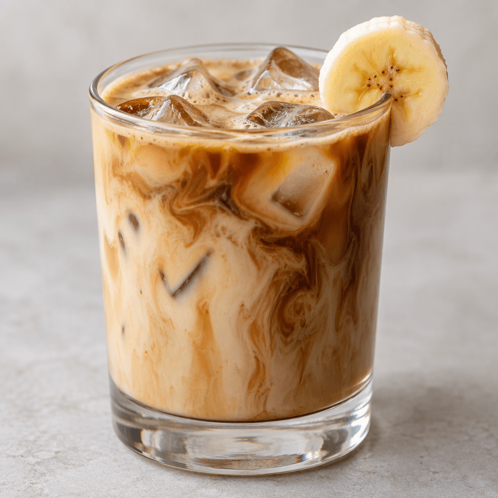 A creamy light-tan coffee drink with darker brown swirls and visible ice, served in a clear glass with a banana slice on the rim.
